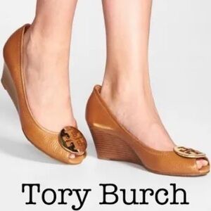Tory Burch Tan Leather Peep-Toe Sally wedge shoe